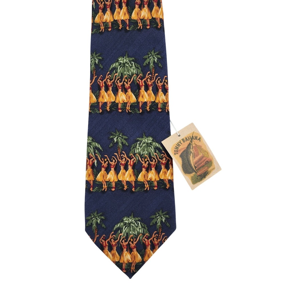 Tommy Bahama Silk Tie Navy Hula Dancer Palm Tree Pattern‎ "Hu La La"